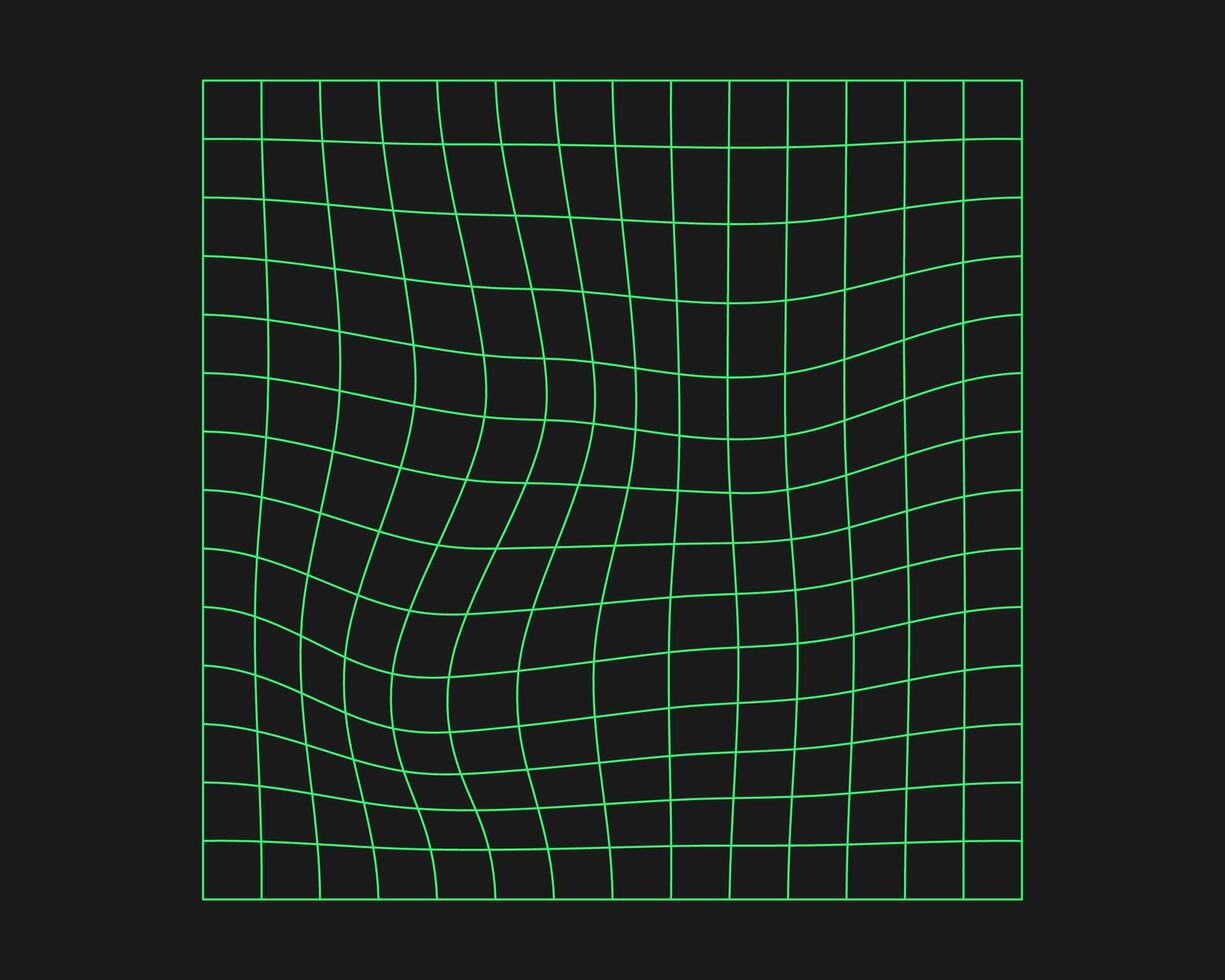 verzerrt Cyber Netz. Cyberpunk Geometrie Element y2k Stil. isoliert Grün Gittergewebe auf schwarz Hintergrund. Vektor Mode Illustration.