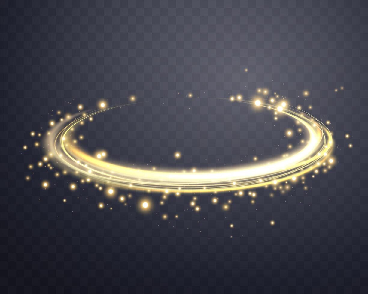 Gold Magie glühend Ring. Neon- realistisch Energie Fackel Heiligenschein Ring. abstrakt Licht bewirken auf ein dunkel Hintergrund. Vektor Illustration.