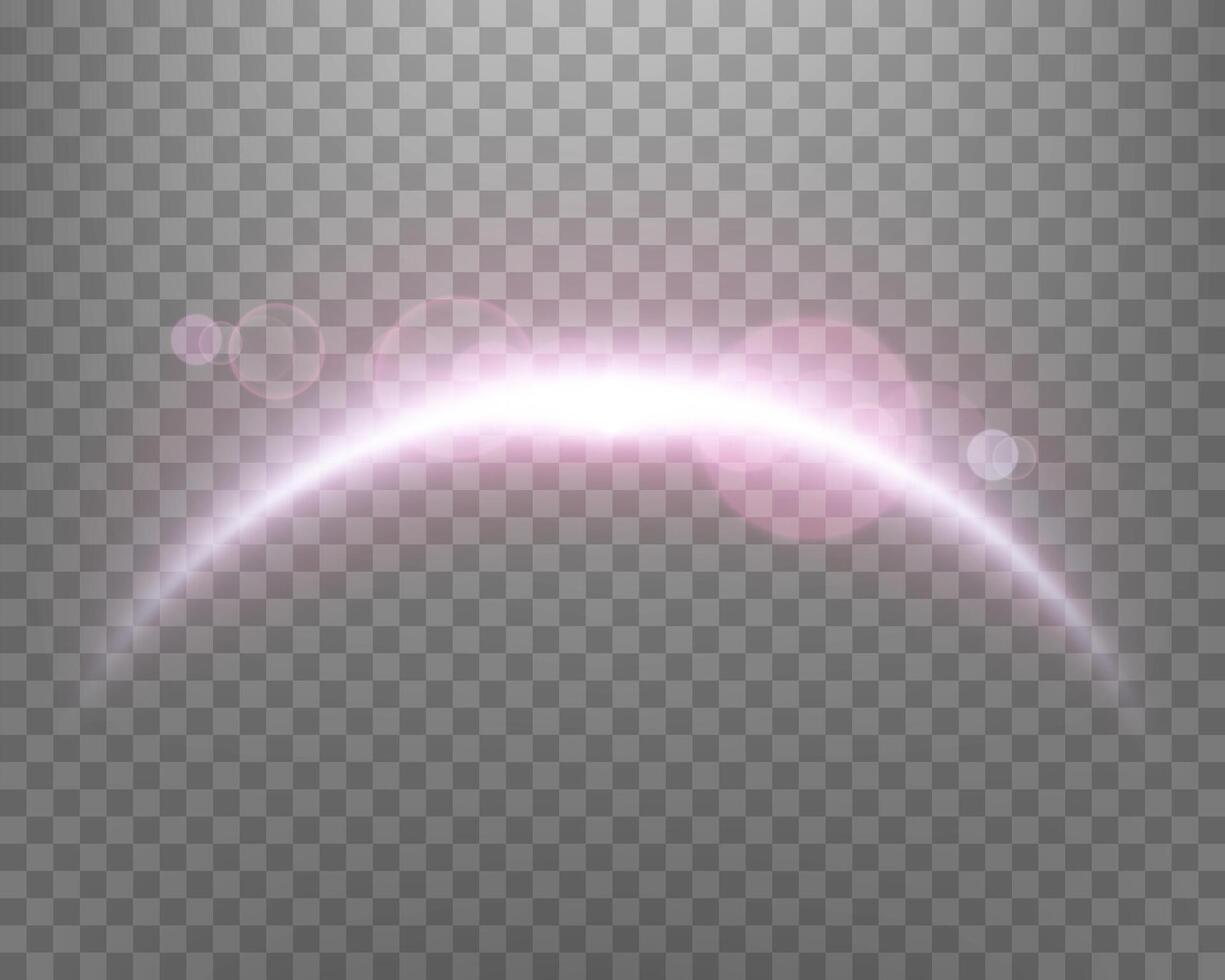 rosa magi båge med lysande partiklar, solljus lins blossa. neon realistisk energi blossa båge. abstrakt ljus effekt på en bakgrund. vektor illustration.