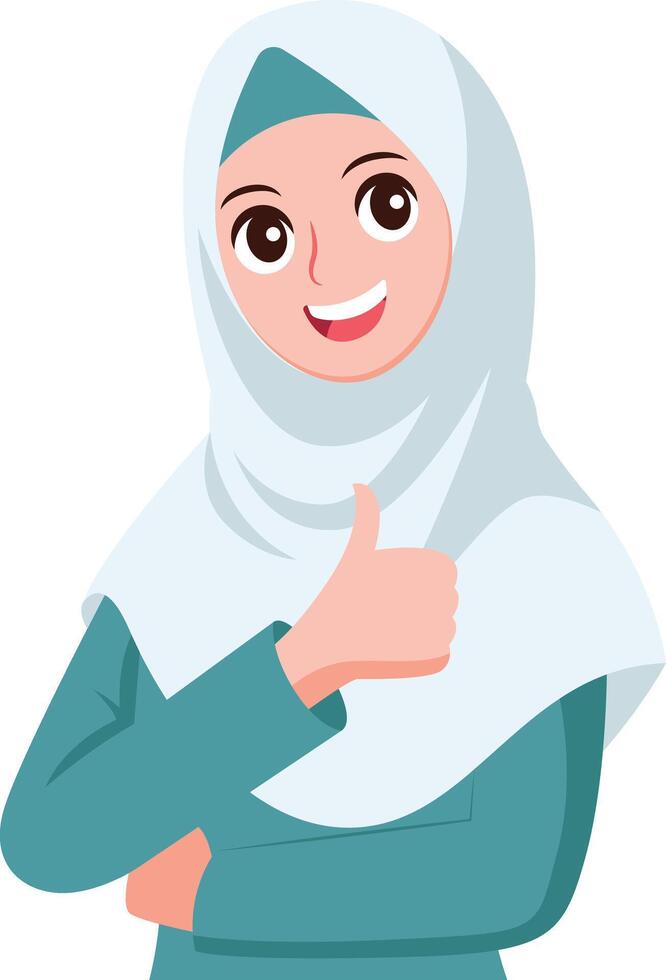leende hijab muslim kvinna tummen upp vektor platt illustration