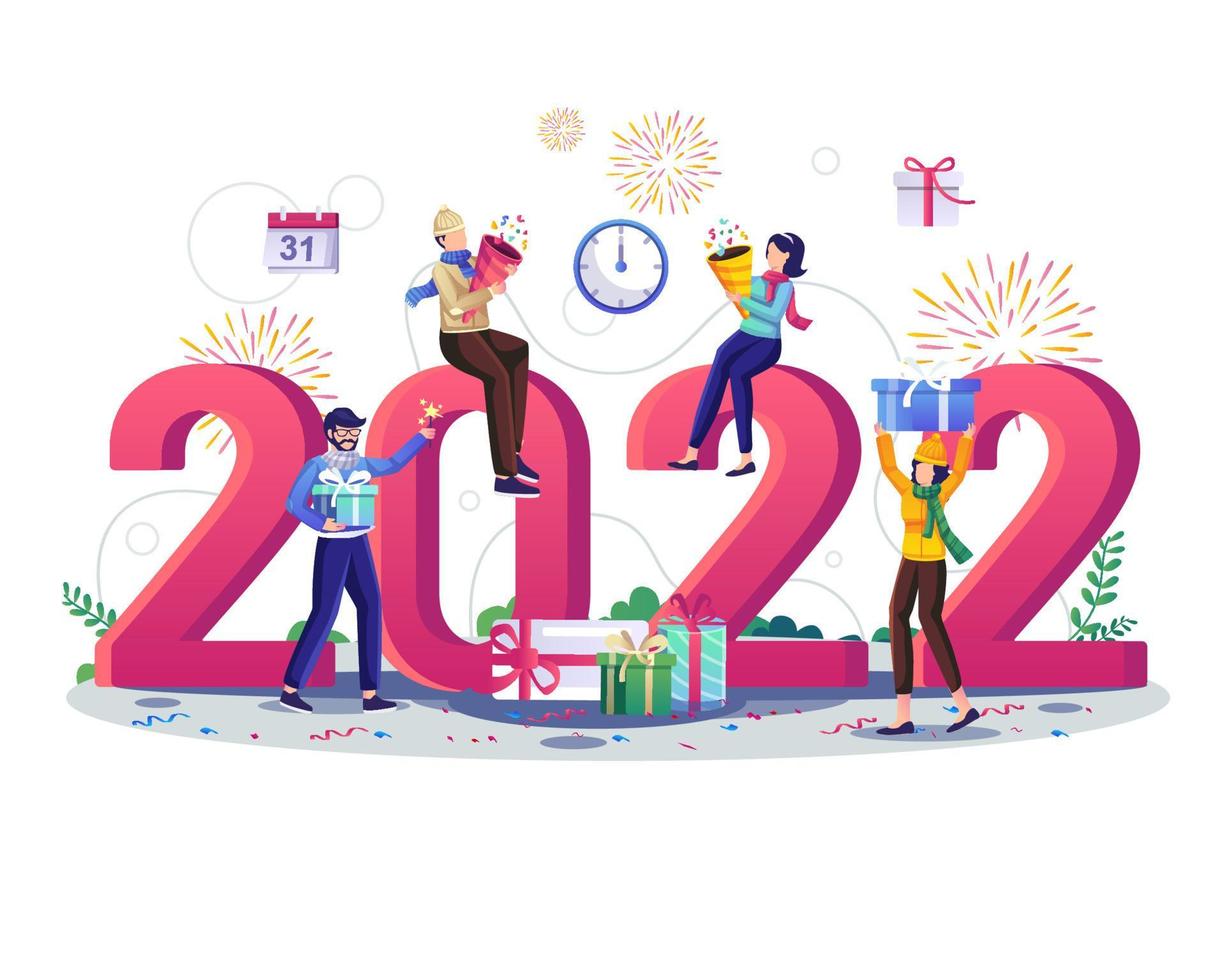 glückliche menschen feiern neues jahr 2022. zeichen mit riesigen zahlen, geschenkboxen und feuerwerk. flache Vektorillustration vektor