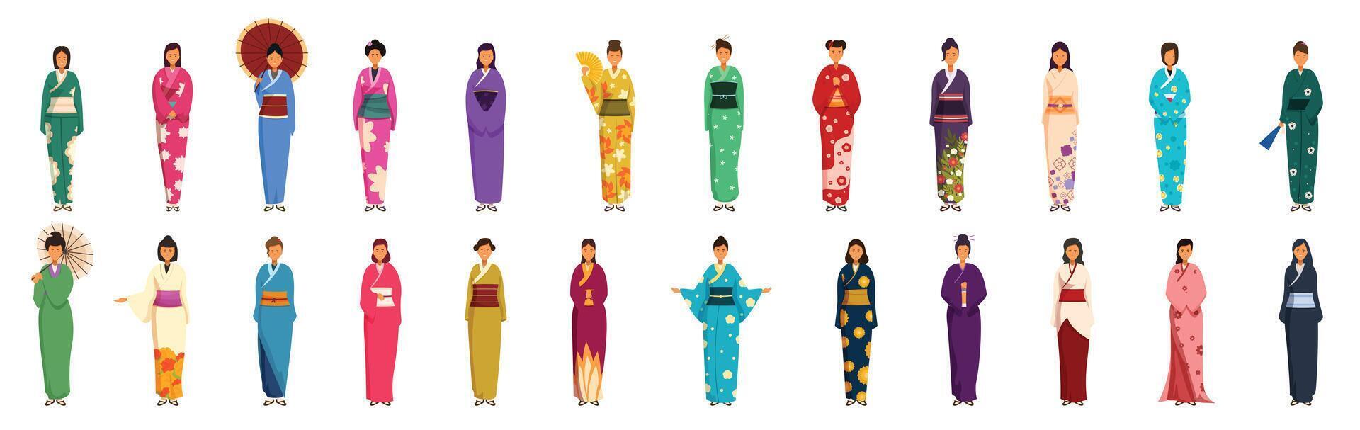 ung flicka kimono ikoner uppsättning tecknad serie vektor. japansk kvinna vektor