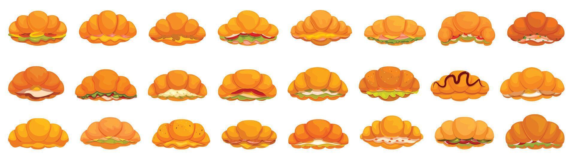 Croissant Sandwich Symbole einstellen Karikatur Vektor. Salami Frühstück vektor