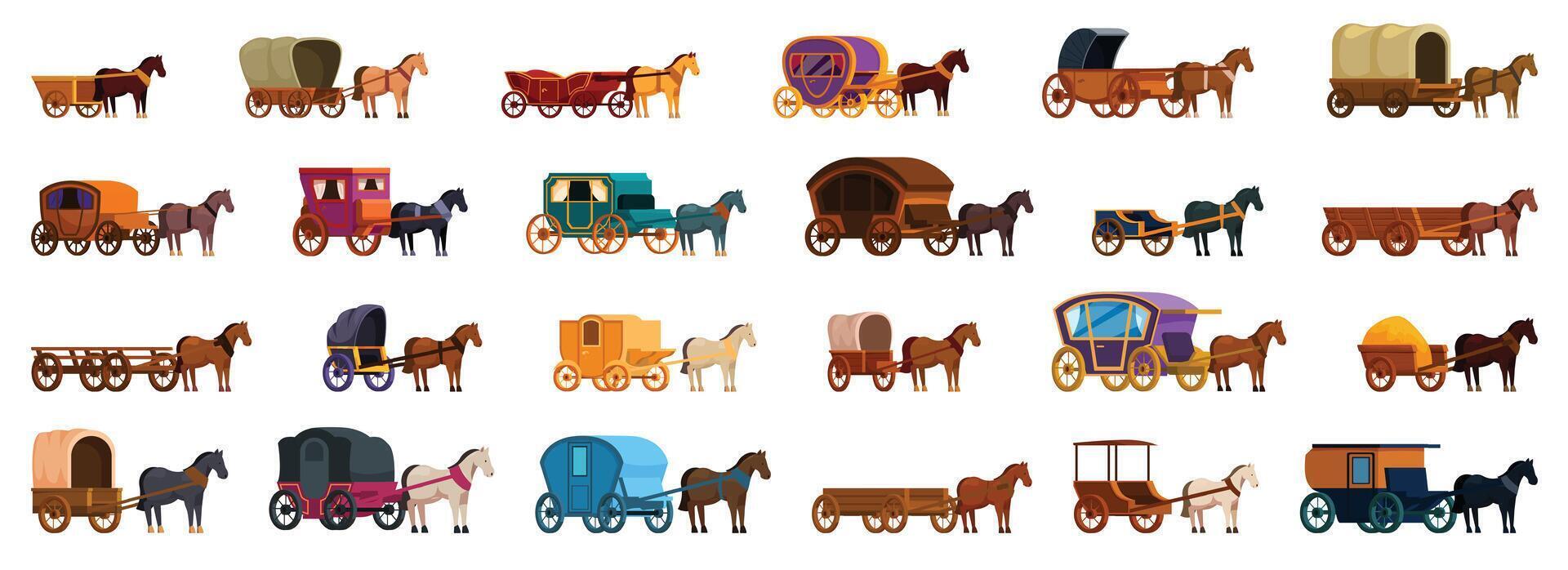 häst fordon ikoner uppsättning tecknad serie vektor. djur- arbete vektor