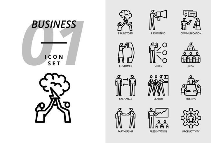 Icon Pack für Business, Brainstorm, Förderung, Kommunikation, Kunde, Fähigkeiten, Chef, Austausch, Leiter, Meeting, Partnerschaft, Präsentation, Produktivität vektor