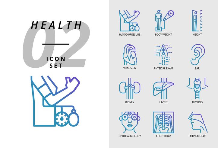 Ikon pack för hälsa, sjukhus, blodtryck, kroppsvikt, höjd, vitala tecken, fysisk provning, öra, njure, lever, sköldkörtel, ögonläkare, bröstkorgen x ray, rinologi. vektor