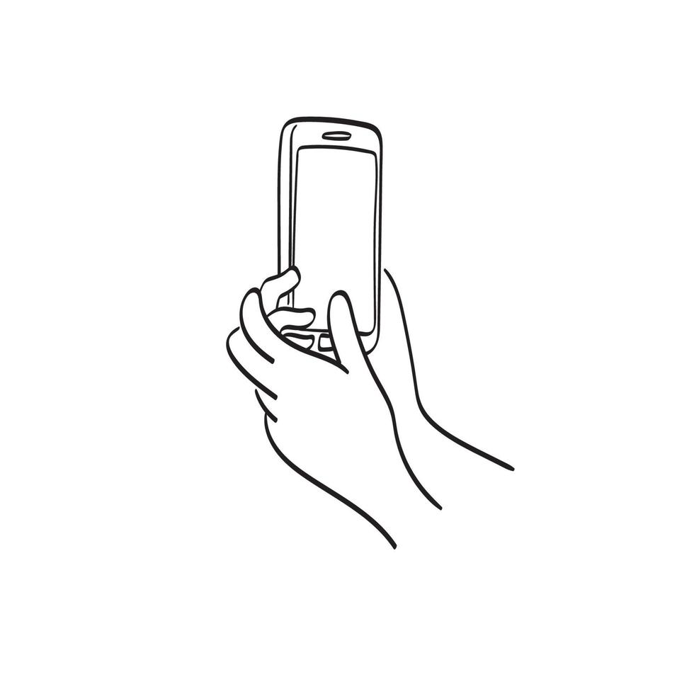 linjekonst hand som håller smartphone med tomt utrymme på skärmen illustration vektor isolerad på vit bakgrund