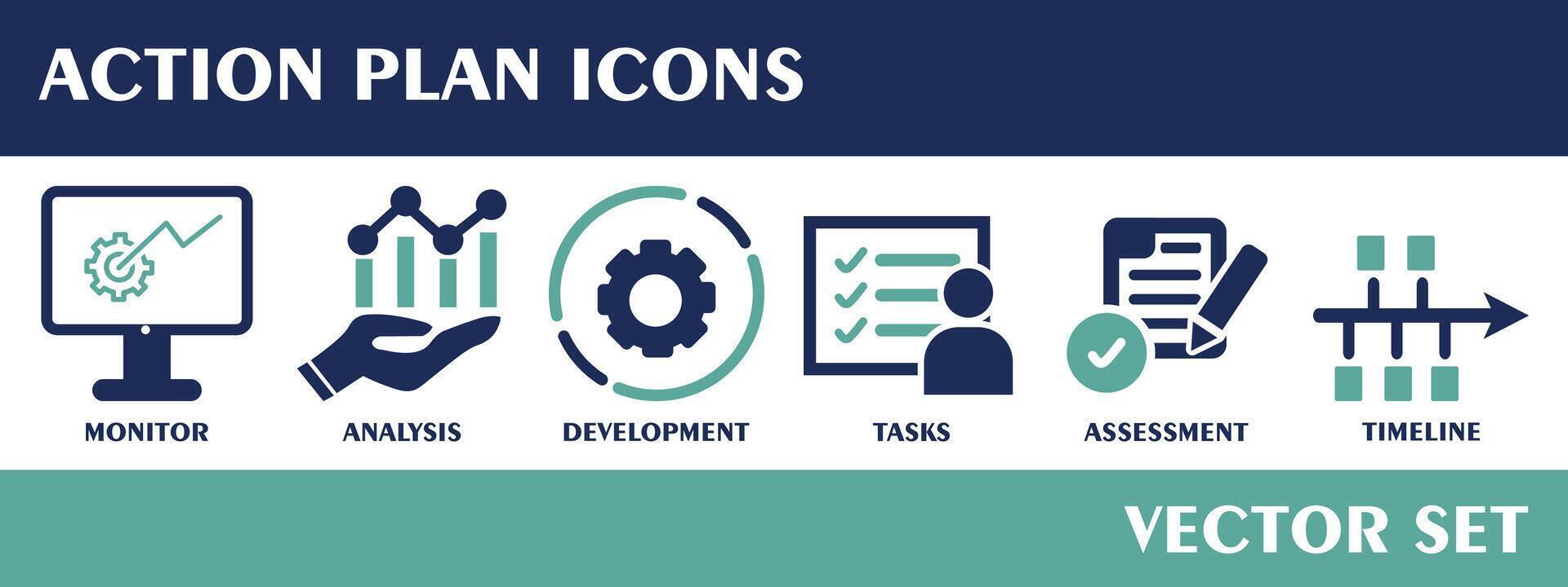 Aktion planen Symbole. enthält Monitor, Analyse, Entwicklung, Aufgaben, Bewertung, Zeitleiste. eben Design Vektor Satz.