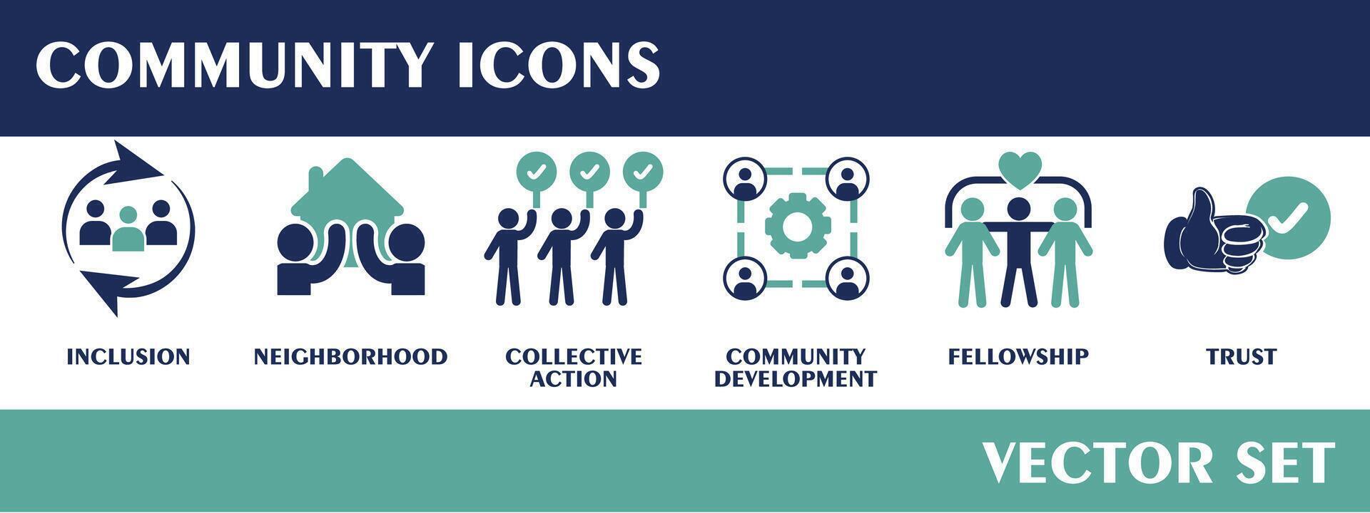 Gemeinschaft Symbole. enthält Aufnahme, Nachbarschaft, kollektiv Aktion, Gemeinschaft Entwicklung, Gemeinschaft, Vertrauen. eben Design Vektor Satz.