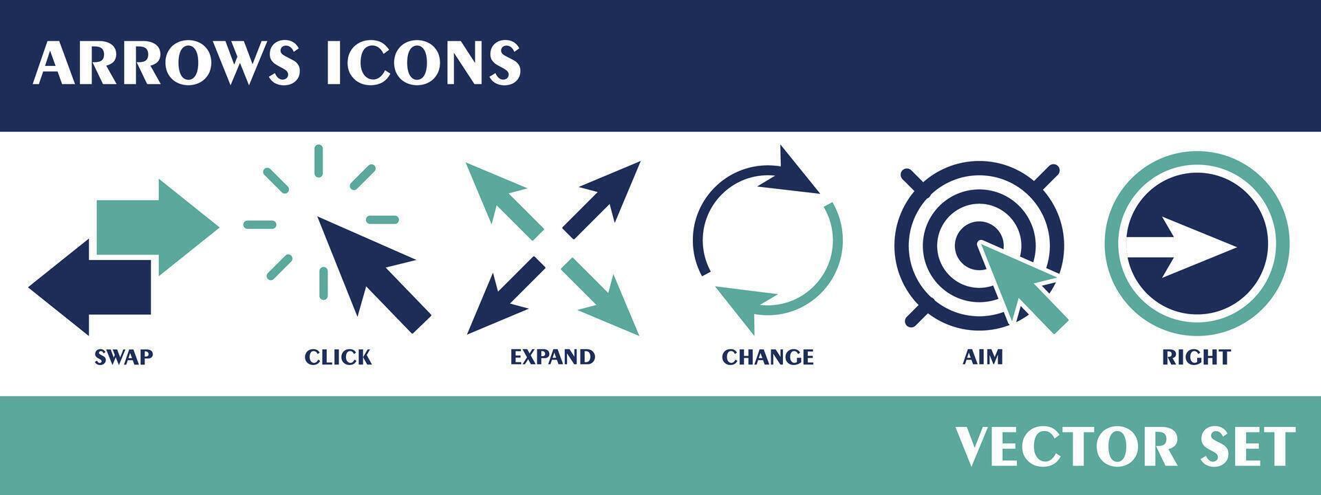 Pfeile Symbole. enthält Tausch, klicken, expandieren, ändern, Ziel, Rechts. solide Symbol. Vektor einstellen Sammlung.