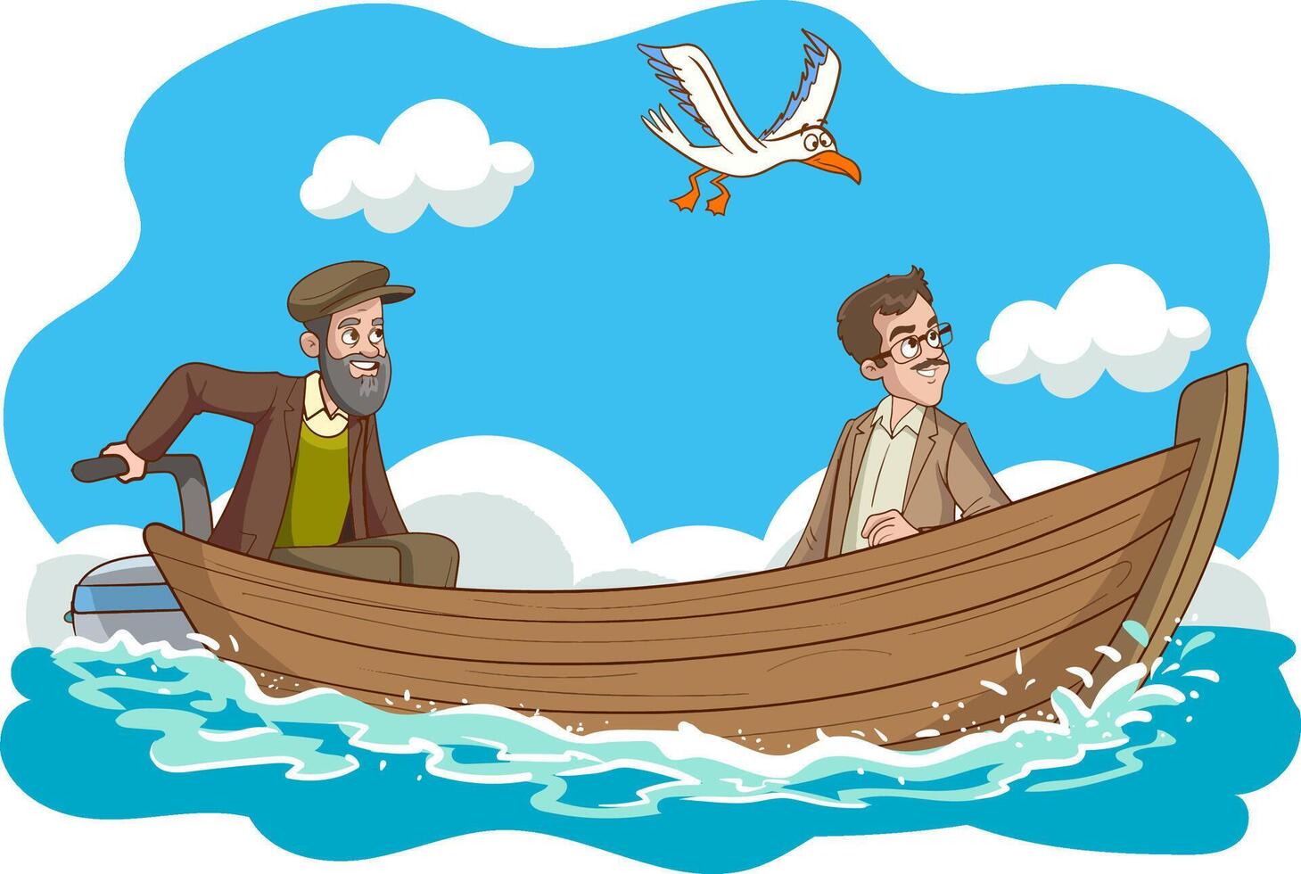 Vektor Illustration von zwei Männer Bootfahren auf das Meer.Männer auf das Boot und Seelandschaft