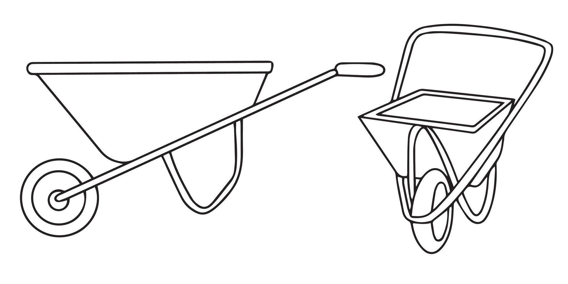 Schubkarre zum das Garten Symbol. Vektor Illustration von schwarz Linie Garten Schubkarre Gekritzel. Hand Schubkarre zum Gartenarbeit und Konstruktion Werkzeuge isoliert auf Weiß Hintergrund. Vektor