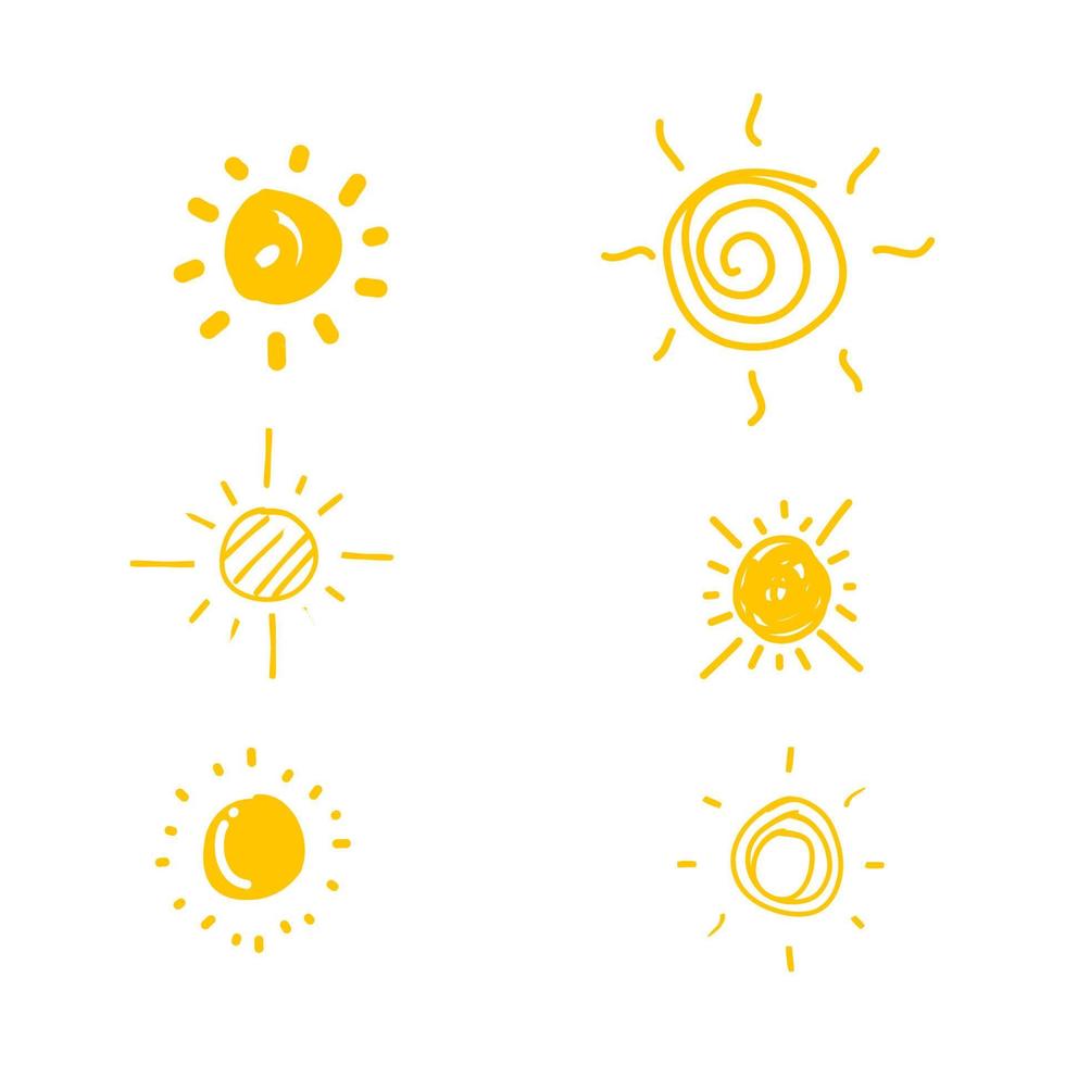 Satz gelbe Doodle-Sonnen. handgezeichnetes Set. flache Sonne-Symbol. Sonne-Piktogramm. trendiges Vektorsommersymbol für Website-Design, Web-Button, mobile App. Vektor-Doodle-Sonnen. einfache sonne kindische hand gezeichnet vektor