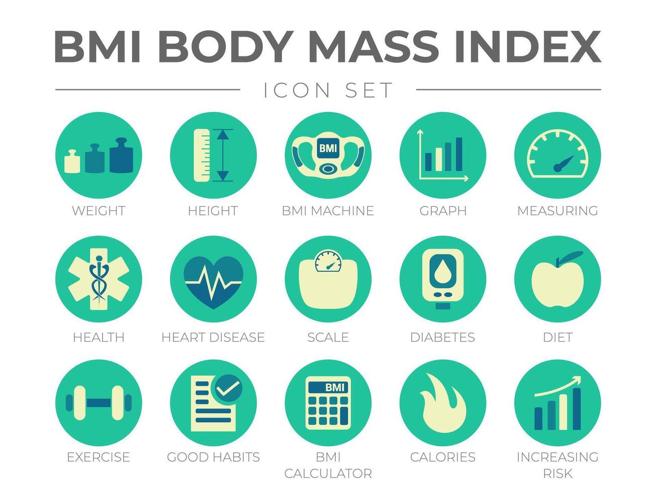 bmi kropp massa index runda Färg ikon uppsättning. vikt, höjd, bmi maskin, Graf, mätning, hälsa, hjärta sjukdom, skala, diabetes, diet, träning, vanor, kalkylator, kalorier, risk ikoner. vektor