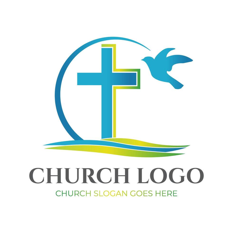 Christian Kirche Logo Design mit Kreuz und Taube vektor