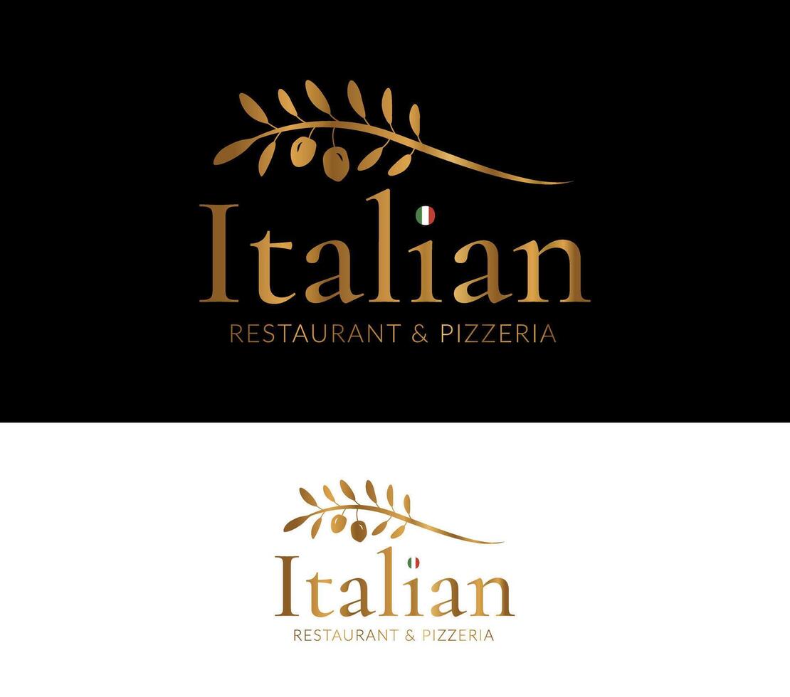 Gold Italienisch Restaurant und Pizzeria elegant Logo mit abstrakt Olive Baum Ast vektor