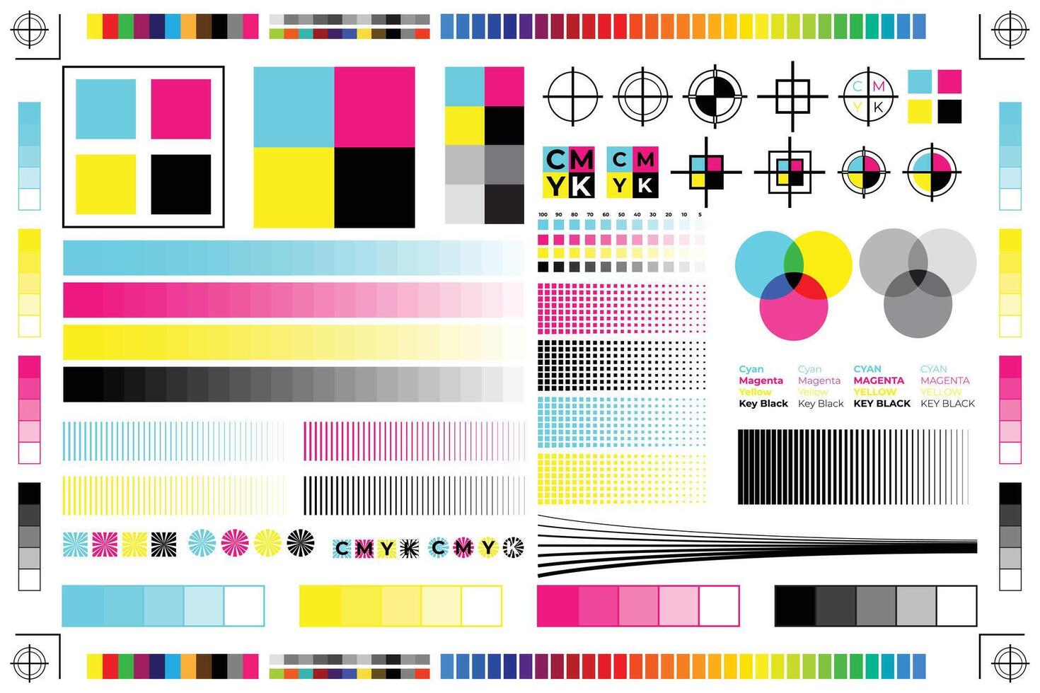 cmyk skriva ut kalibrering illustration med offset utskrift märken och Färg testa vektor