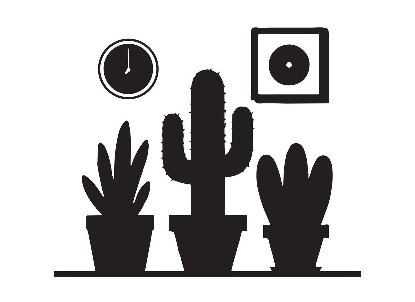 Hand gezeichnet Vektor, Silhouette von ein Kaktus und ein Uhr auf ein Regal, schwarz und Weiß Zuhause Pflanzen im Topf vektor