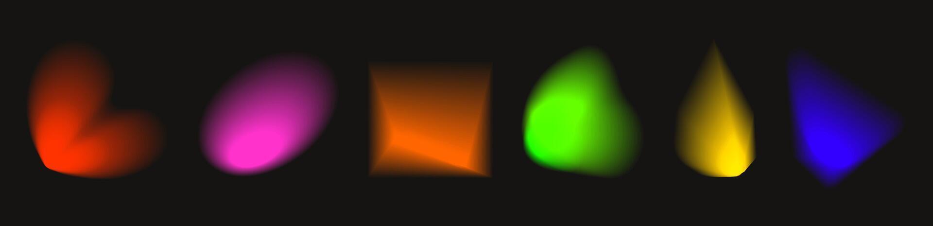 uppsättning av vektor illustration terar ett abstrakt radiell lutning fläck i nyanser av lila, grön och blå. levande uppsättning av aura glöd rundor med en mjuk punkt neon element.färg holografiska runda former.