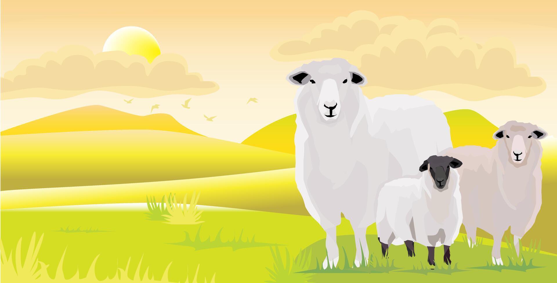 vektor illustration flock vit ull fåren lamm stående på de gul torr gräs kulle fält by i de kväll solnedgång himmel