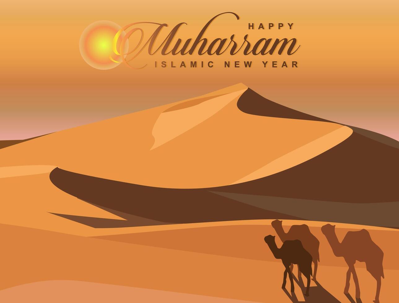 vektor kameler silhuett fira Lycklig Muharram i se landskap varm värma arab sand öken- Sol
