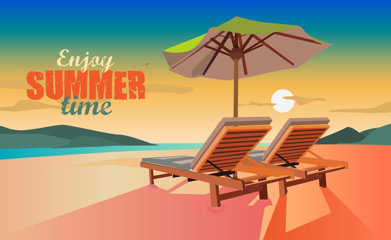 Vektor Strand Stuhl und Regenschirm auf sauber Sand Strand mit schön Hügel und Meer Ruhe Wellen auf Sonnenuntergang bunt Himmel schön genießen Sommer- Zeit