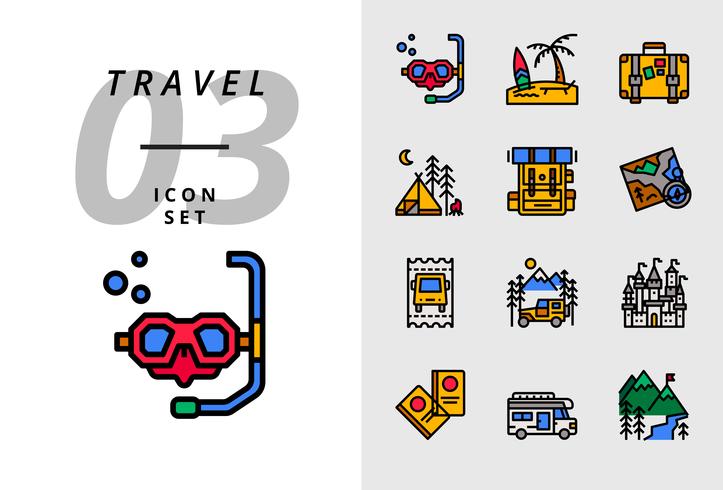 Pack ikon för resor, Scuba, strand, resväska, camping, ryggsäck, karta, buss biljett, husbil, slott, pass, camper van, is berg. vektor