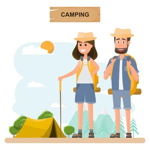 folk reser. par med ryggsäck gå till camping på semester vektor