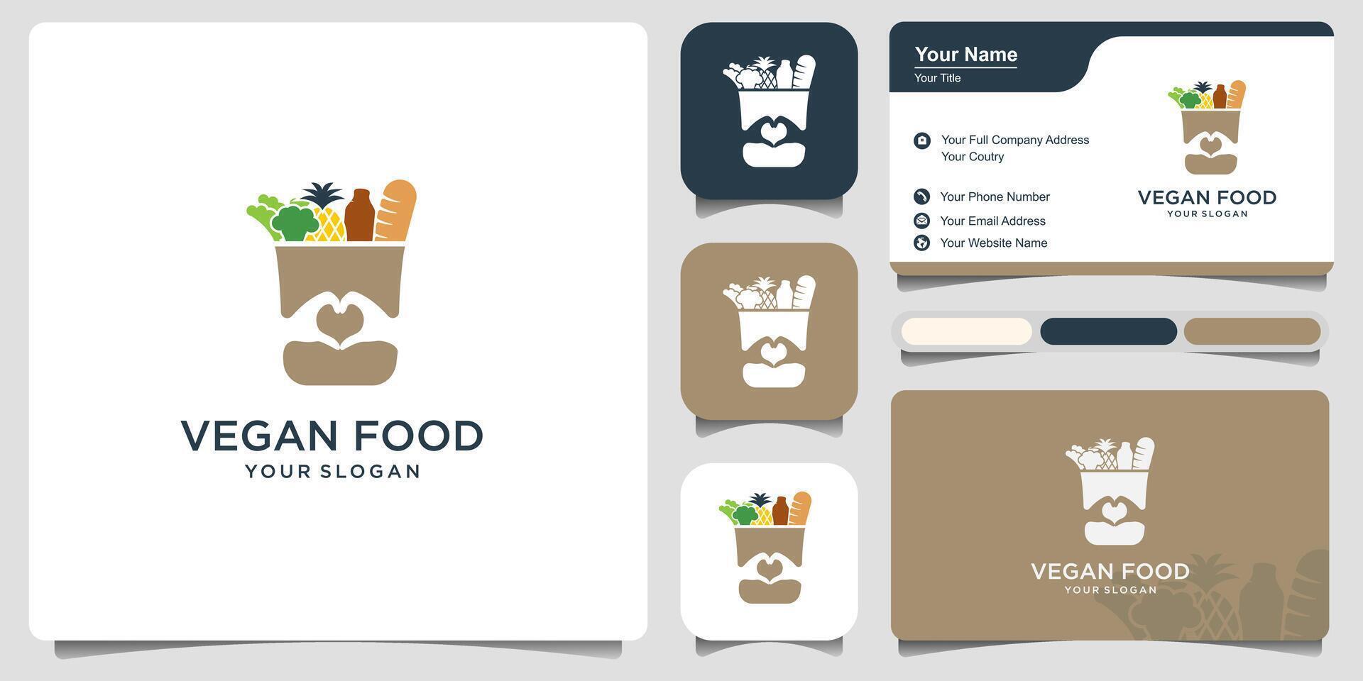 Lebensmittelgeschäft Papier Tasche mit Essen Logo Design und Geschäft Karte. wiederverwendbar Produkt Tasche mit gesund vegan vegan Essen Vektor Design.