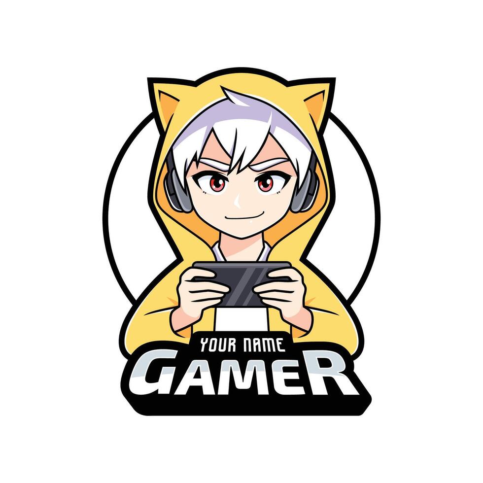 Spieler Anime Junge mit Handy, Mobiltelefon Spielen Esport Logo vektor