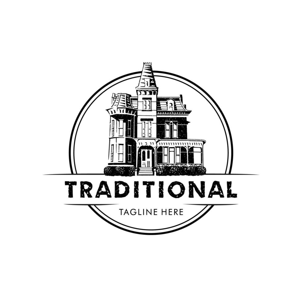traditionell bostads- landskap årgång logotyp bricka design vektor