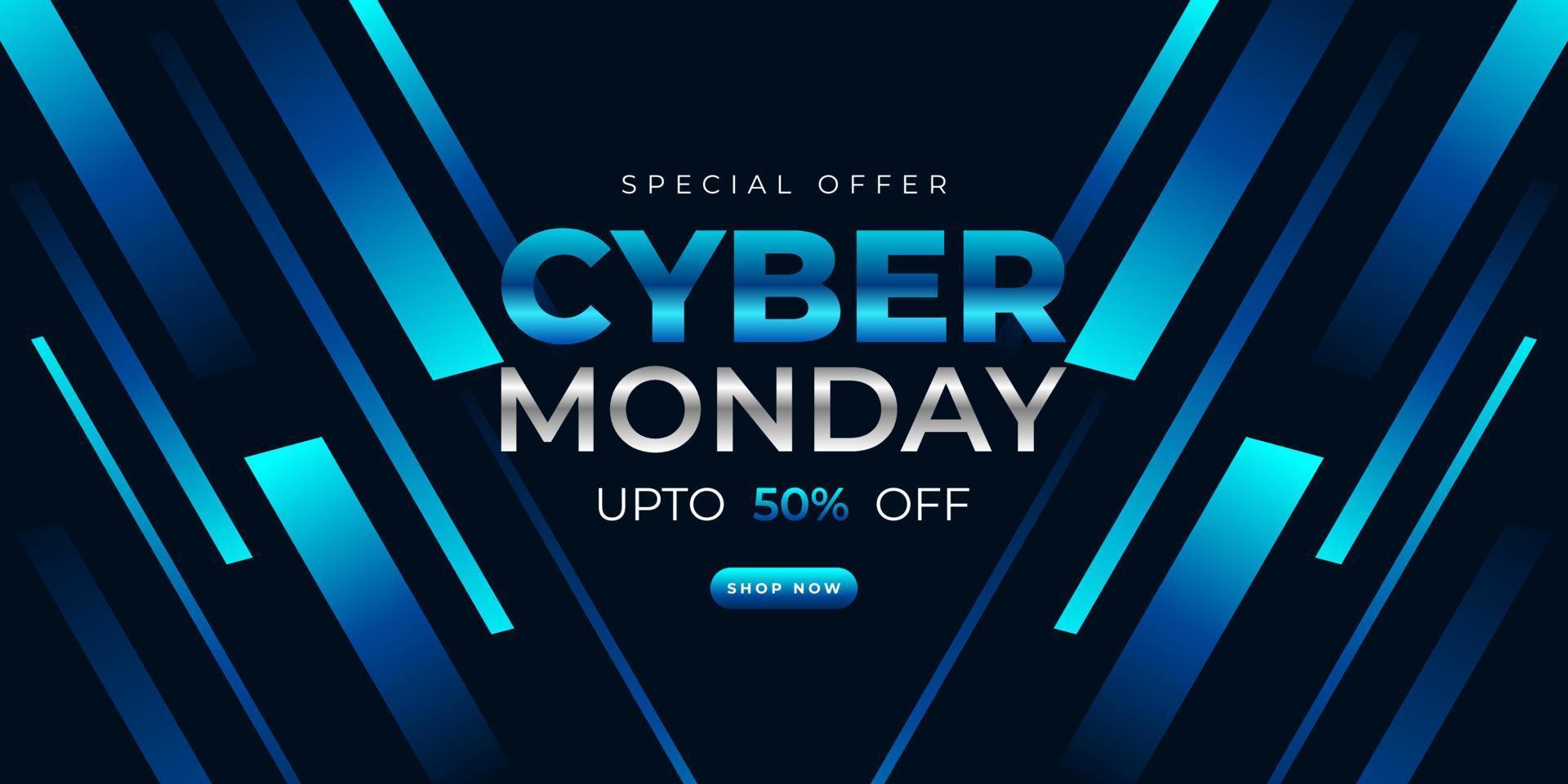 Cyber Monday Sale Banner Template Design mit blauem Lichteffekt auf dunklem Hintergrund für Werbeplakate oder Geschäftsförderung vektor