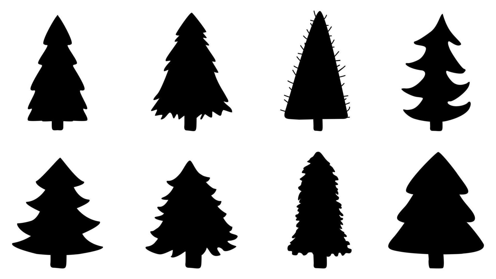 Weihnachtsbaum-Silhouette-Symbol des neuen Jahres. Satz von schwarzen Objekten, Vektor isoliert.