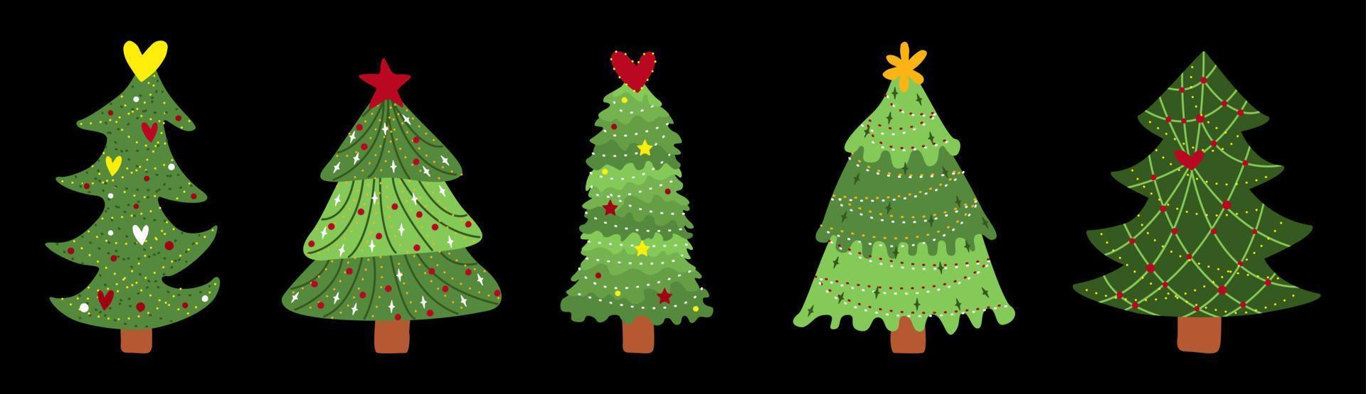 julgran. symbol för det nya året. uppsättning tallar med dekor, girlanger, ljus och stjärnor. vektor illustration isolerade.