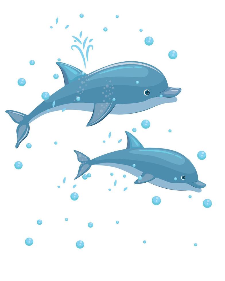 süß Delfine im verschiedene Posen, begleitet durch Wasser Schaum. Karikatur Illustration vektor