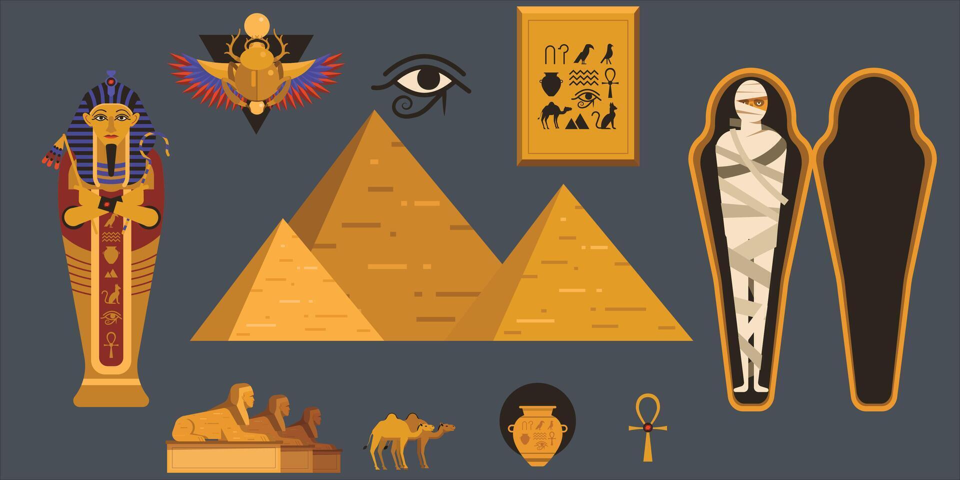 Vektor Sammlung von ägyptisch Kultur und Natur Bilder. Ägypten Symbol Satz. Pyramide, Anubis, Schpinx, Kamel, Tutanchamun, Skarabäus und Mumie. isoliert auf grau.