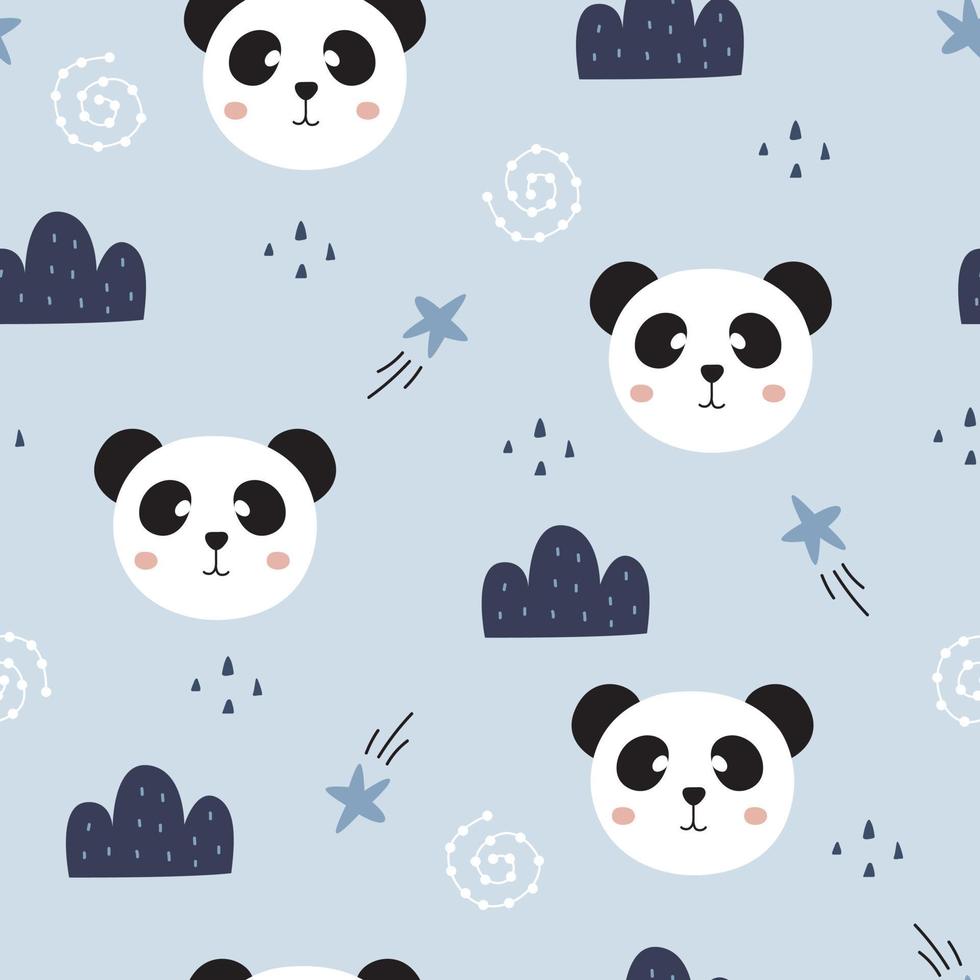 seamless mönster tecknad djur bakgrund med panda ansikte med himmel handritad design i barn stil, användning för tyg, textil, tryck, dekoration tapeter. vektor illustration