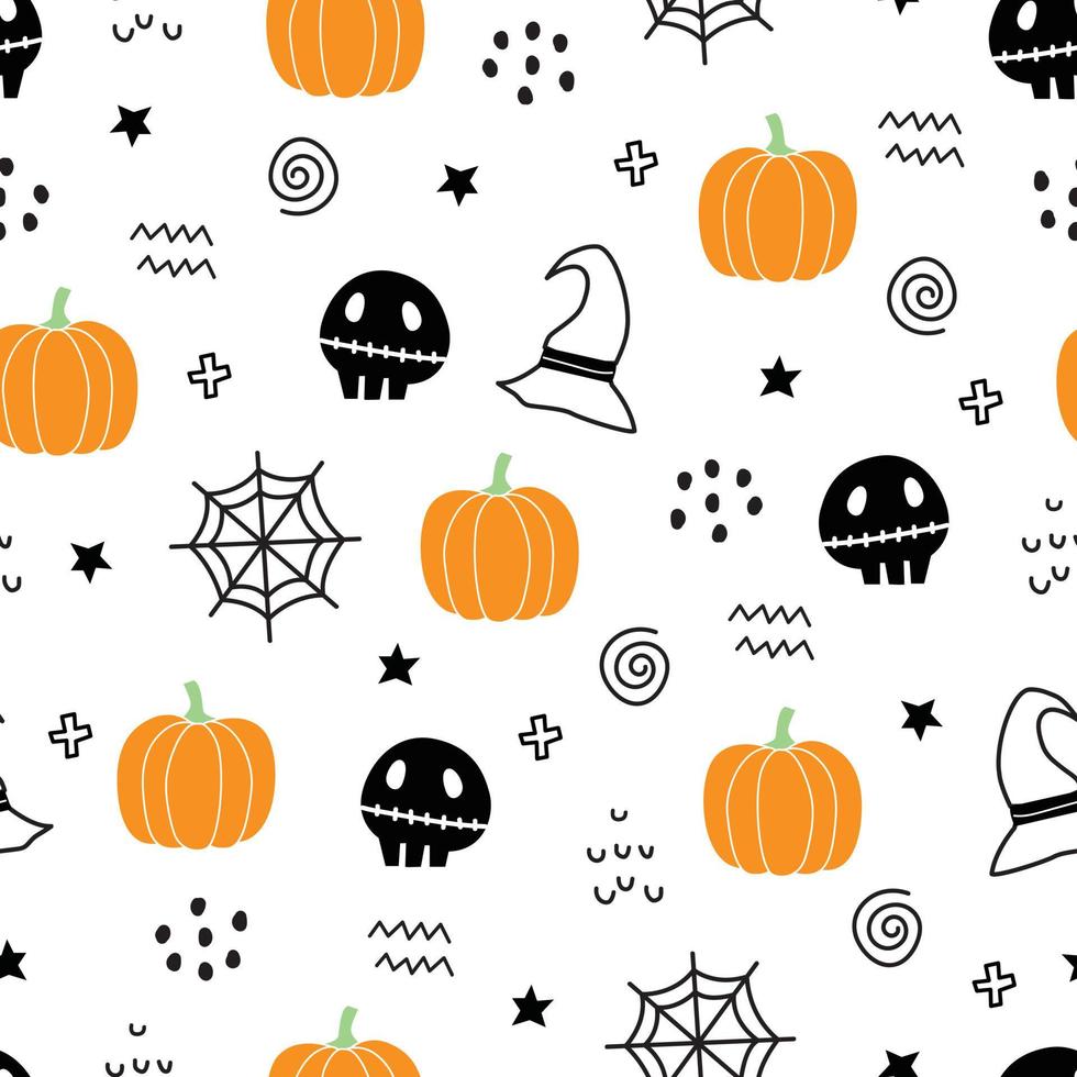 sömlös design för halloween. halloween symbol bakgrund med spöke, pumpa, häxhatt, spindel, handritad, tecknad stil, tryckdesign, tapeter, dekorativ, textil, vektorillustration. vektor