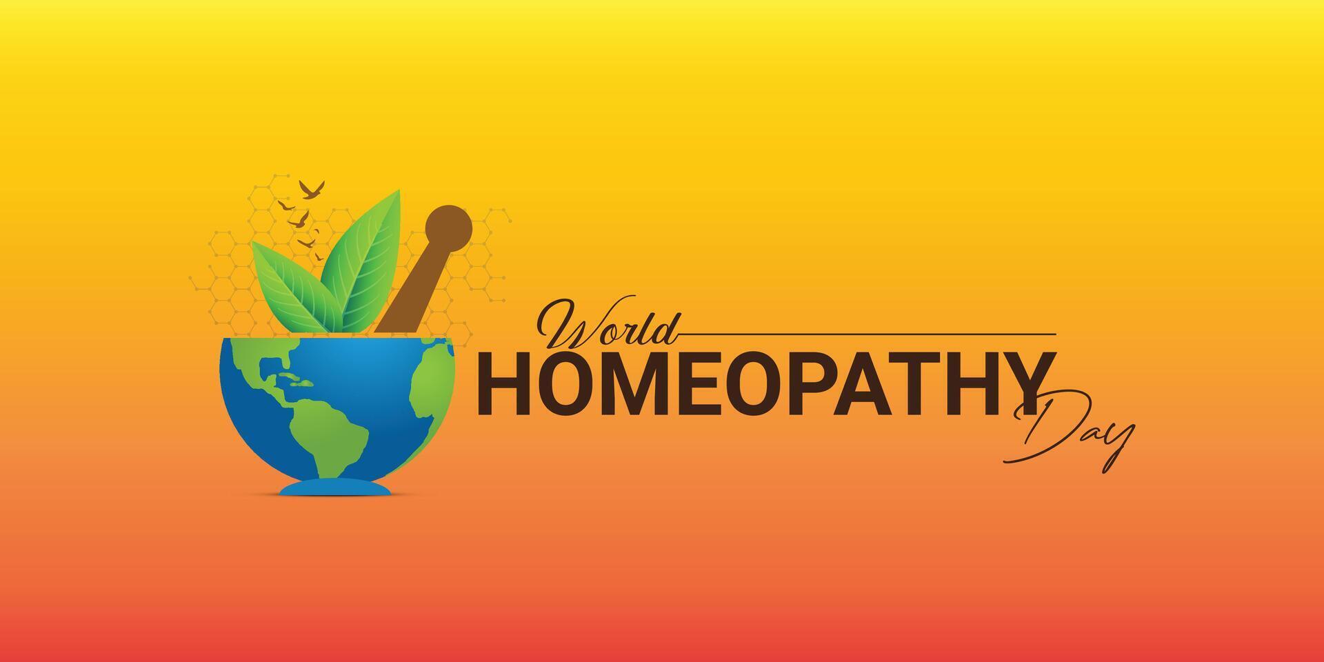 värld homeopati dag. grön abstrakt bakgrund, de dag är en firande av både homeopati och de där vem ha varit botad förbi homeopati. homeopati läkare dag, homeopati dag kreativ idéer. vektor