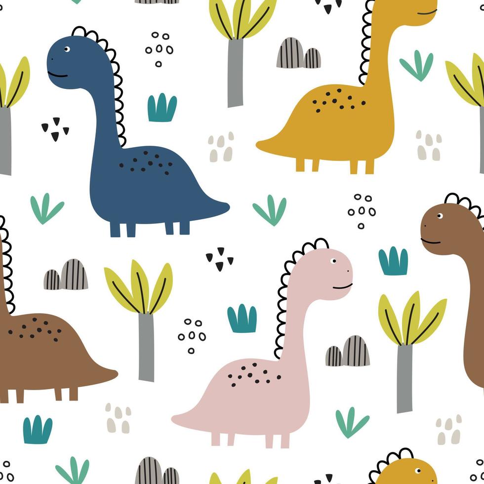 Dinosaurier und Baum nahtlose Muster handgezeichnet niedlichen Cartoon Tier Hintergrund im Kinderstil Design für Druck, Tapete, Dekoration, Stoff, Textilvektorillustration verwendet vektor