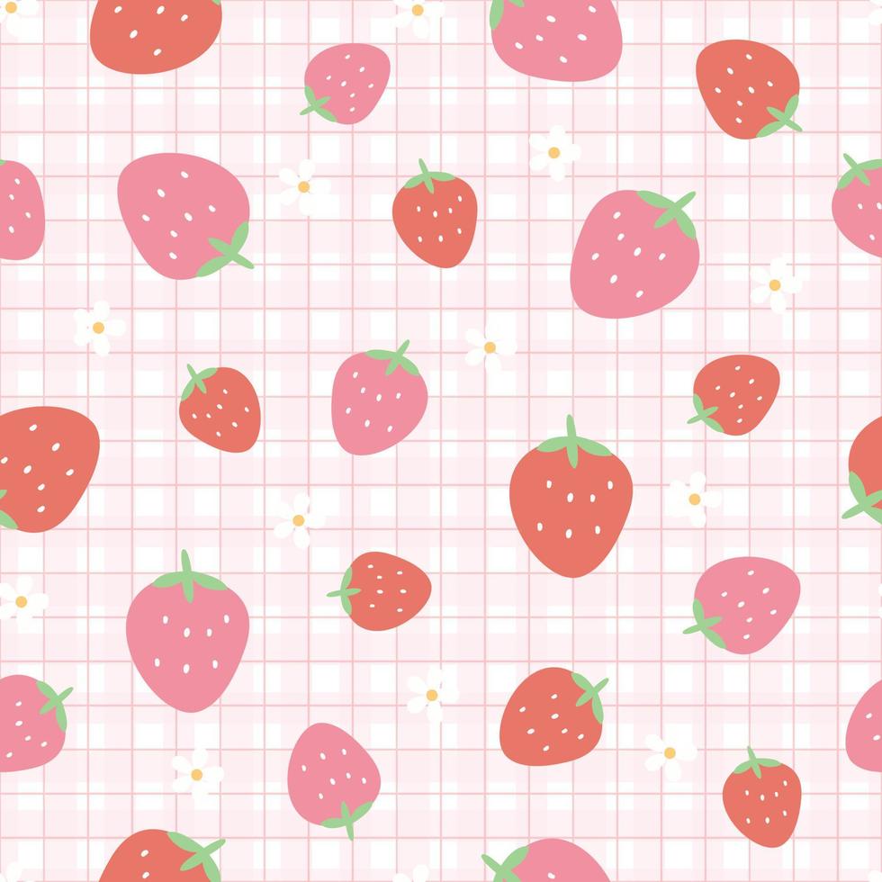 sömlös jordgubbsmönster handritad frukt på fyrkantig rutnätsbakgrund tecknad stil. design för typografi, tapeter, saker vektorillustration vektor