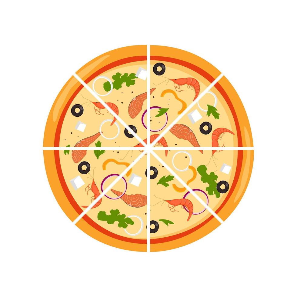 färsk runda pizza skära in i triangel- bitar. pizza med fisk, räka, ost, oliv, lök, basilika. traditionell italiensk snabb mat. topp se måltid. vektor illustration.