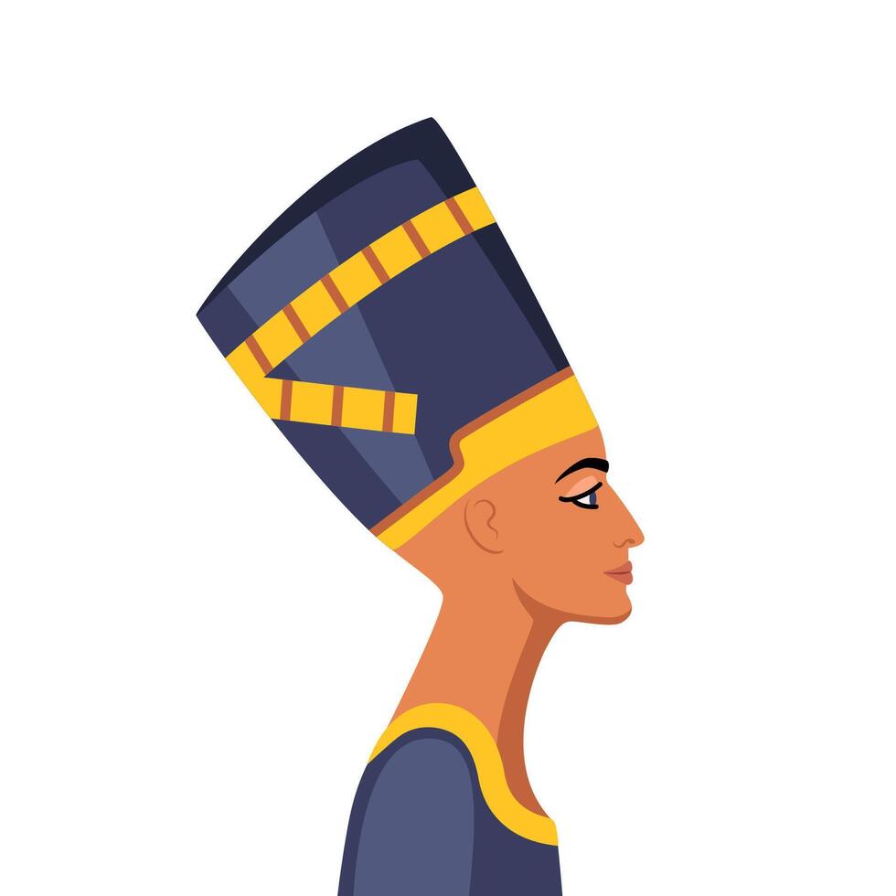 egyptisk drottning nefertiti. gammal porträtt i krona. skön kvinna profil närbild ansikte. gammal egypten. vektor illustration.