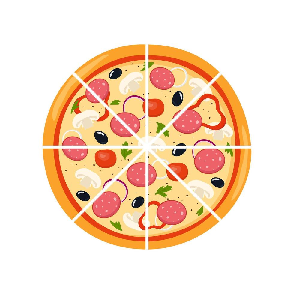 färsk runda pizza skära in i triangel- bitar. pizza med tomat, ost, oliv, korv, lök, basilika. traditionell italiensk snabb mat. topp se måltid. vektor illustration.