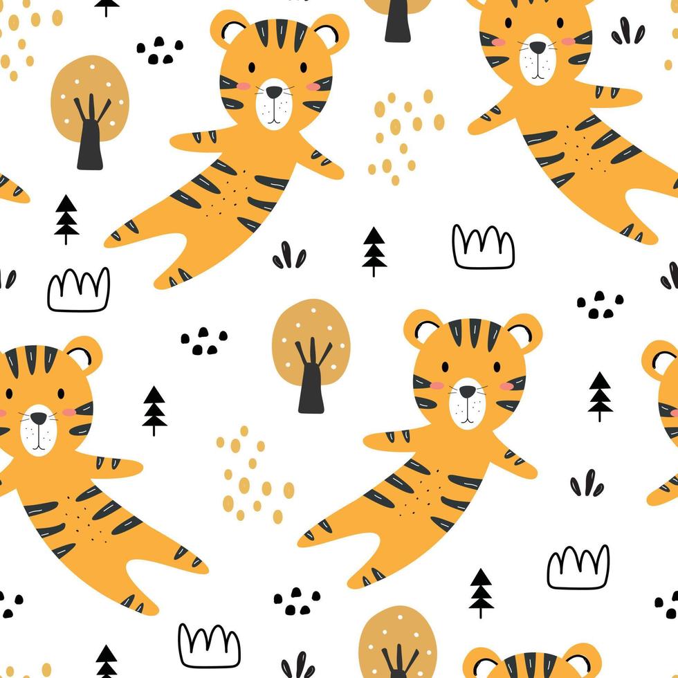 Cartoon Tier Hintergrund für Kinder Tiger nahtlose Muster handgezeichnetes Design im Kinderstil. Verwenden Sie für Drucke, Tapeten, Dekorationen, Textilien, Vektorillustrationen. vektor