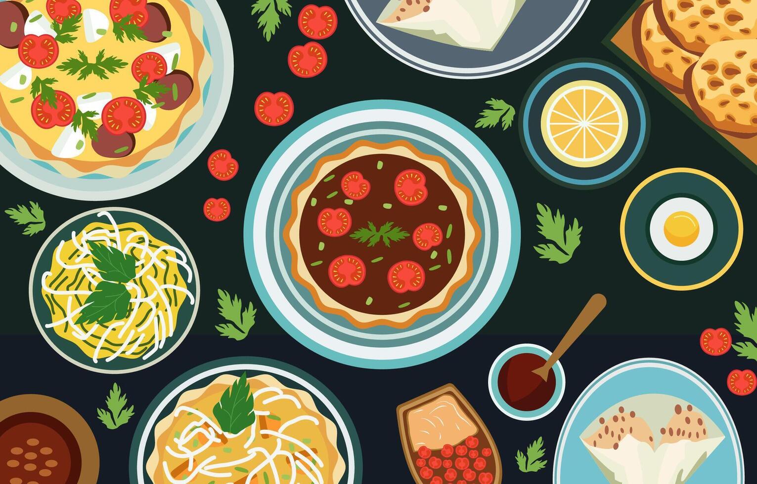 oben Aussicht von Pizza Spaghetti Essen Geschirr auf Essen Tabelle zum nowruz Feier vektor