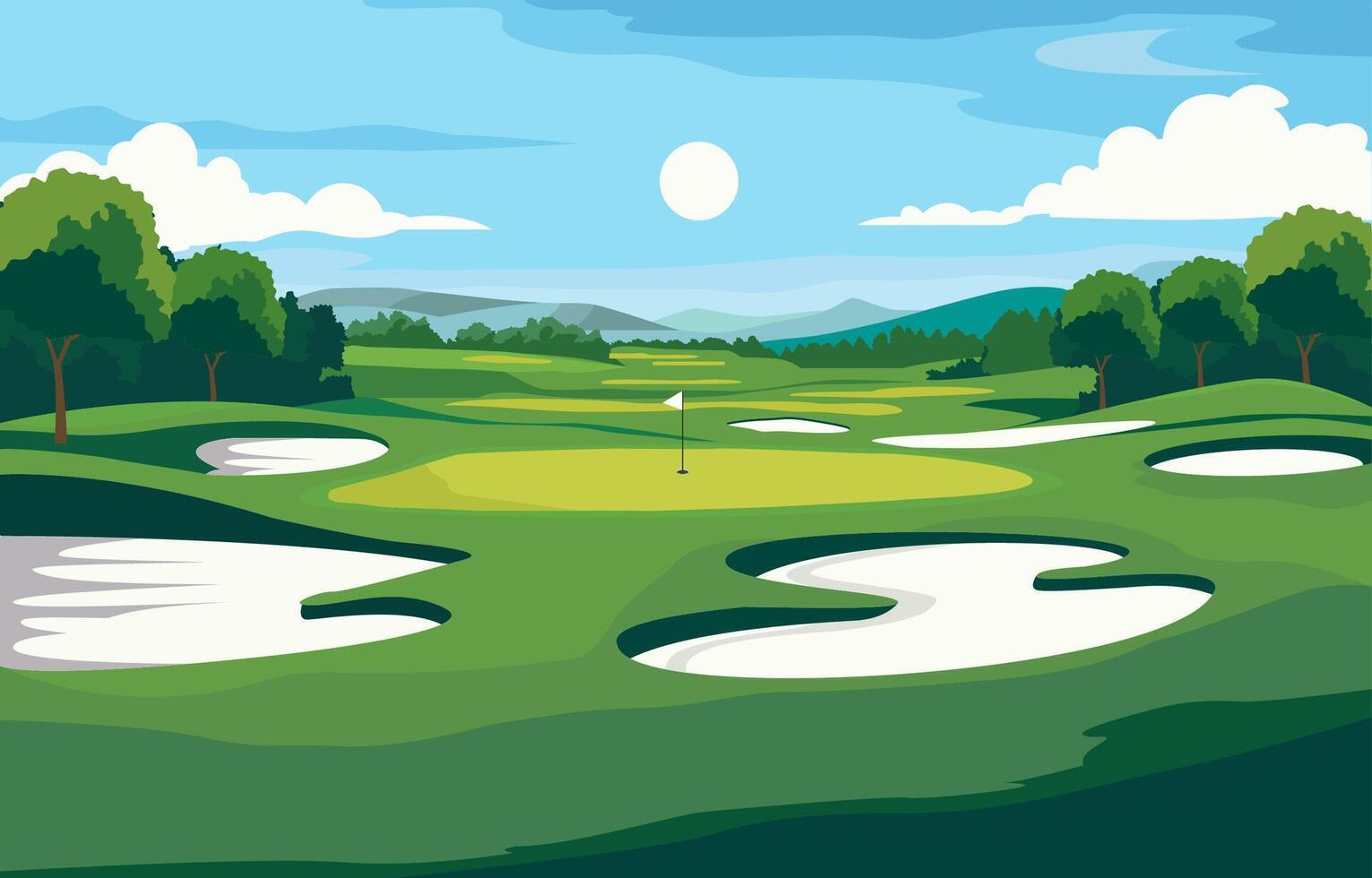 platt design av grön golf fält kurs med berg se i ljus dag vektor