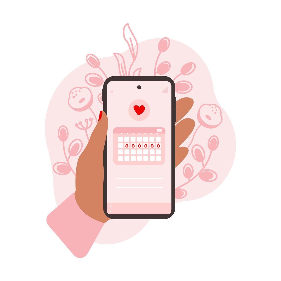 weiblich Hände halten Telefon mit Menstruation- Kalender Zeitraum Tracker. Menstruation Zyklus Damen Gesundheit Pflege App. Vektor Illustration.