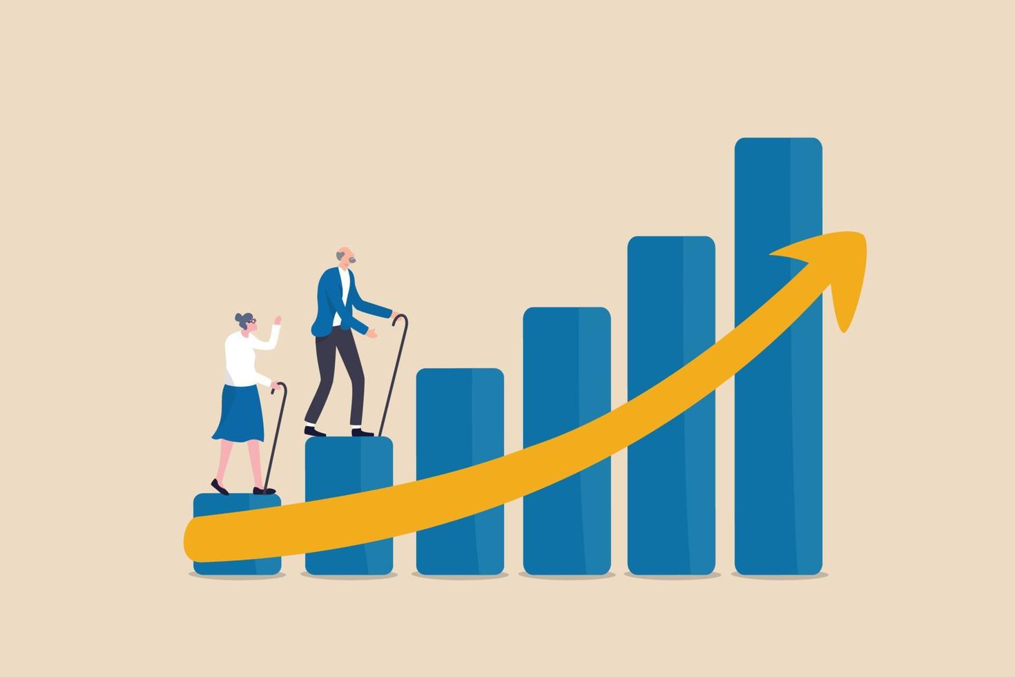 alternde Gesellschaft, Problem der Alterung der Weltbevölkerung, Arbeitskräftekrise durch niedrige Geburtenrate im Vergleich zu älteren älteren Menschen oder Rentnern, ältere ältere Paare steigen auf, steigende Grafik der älteren Bürger. vektor