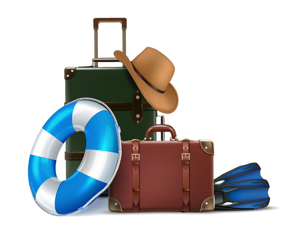 3d realistisk vektor ikon illustration. resa tid design begrepp. element med bagage, hatt, snorkling liv dig.